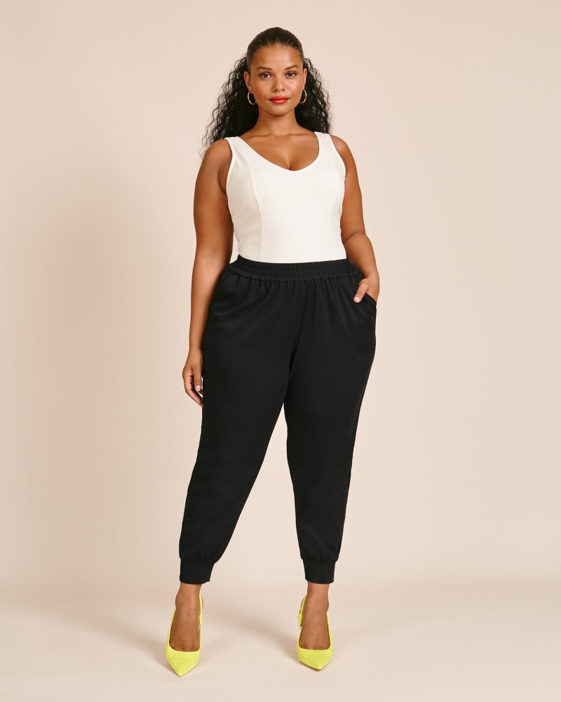 Front of a model wearing a size 1 Nicole Soft Jogger in Black by 11 Honoré Collection. | dia_product_style_image_id:218877